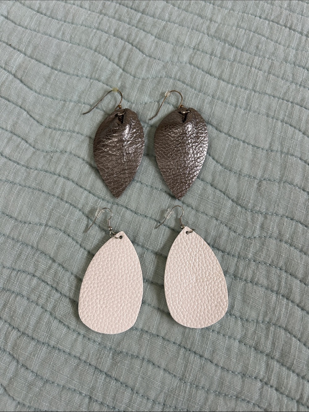 Handcrafted Metallic Gray and White Leather Teardrop Earrings - Women Jewelry